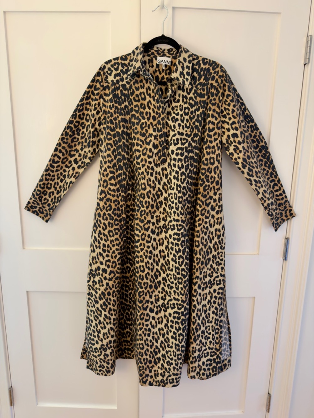 Ganni Leopard-Print Shirt Dress in Tan and Black